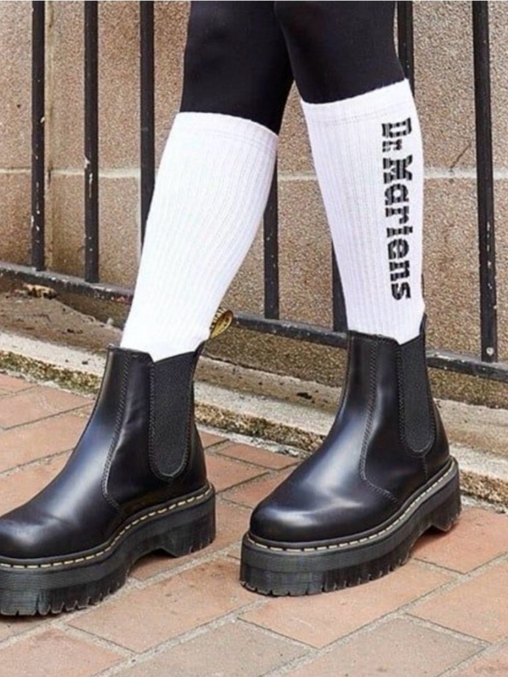 Dr. Martens Black Chelsea Platform Ankle Boots with Yellow Stitching